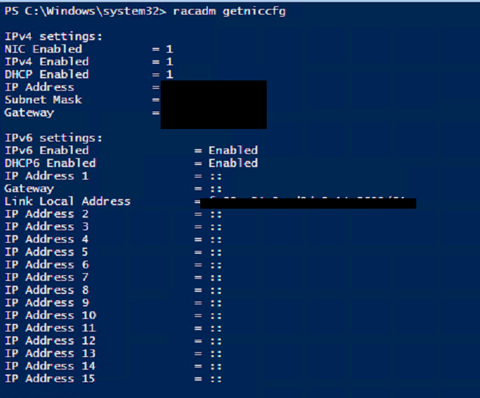 racadm getniccfg output showing IPv4 and IPv6 settings on Dell iDRAC