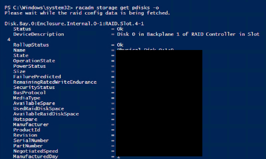 racadm storage get pdisks -o output showing physical disk details in Dell iDRAC